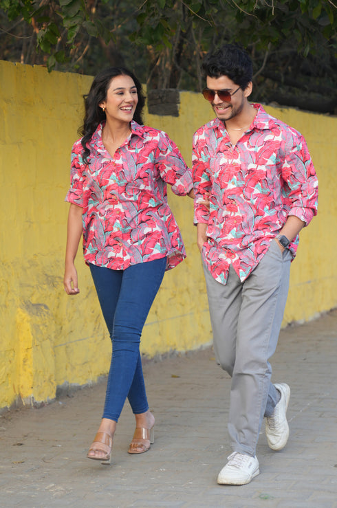 Palm Pink Cotton Men Shirt